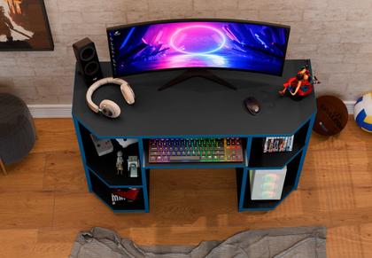 Imagem de Mesa Gamer Preta com Borda Vermelha ou Azul  Suporte p/ CPU, Nichos e Teclado  Compacta e Moderna