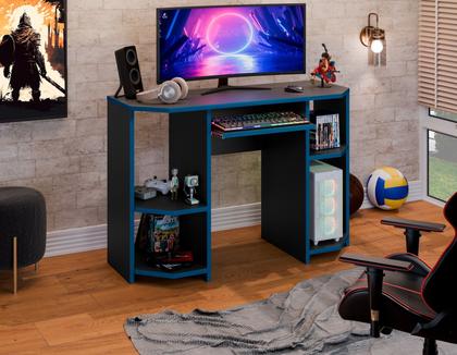 Imagem de Mesa Gamer Preta com Borda Vermelha ou Azul  Suporte p/ CPU, Nichos e Teclado  Compacta e Moderna
