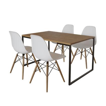 Imagem de Mesa Industrial Base de Ferro Preto 137x90 Tampo Amêndoa 4 Cadeiras Eiffel Madeira Assento Branco