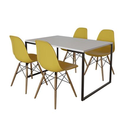 Imagem de Mesa Industrial Base de Ferro Preto 137x90 Tampo Branco 4 Cadeiras Eiffel Madeira Assento Amarelo