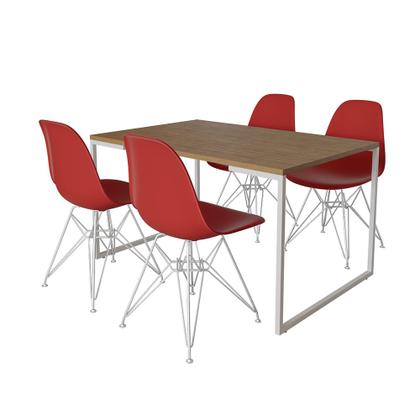 Imagem de Mesa Industrial Base Ferro Branco 137x90 Tampo Amêndoa 4 Cadeiras Eiffel Ferro Branco Assento Vermel