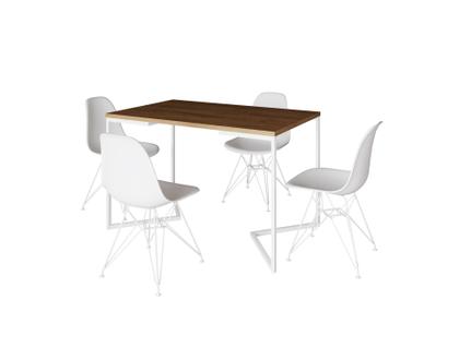 Imagem de Mesa Industrial Base Ferro Branco em  V  Tampo 137x90 Amendoa 4 Cadeiras Eames Assento Branco Ferro Branco