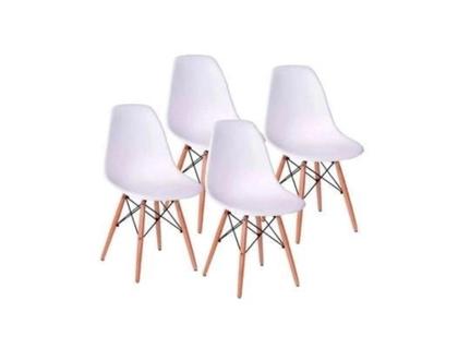 Imagem de Mesa Industrial Base Ferro Branco em  V  Tampo 90x90 Canela  4 Cadeiras Eames Madeira Assento Branco