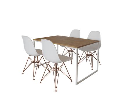 Imagem de Mesa Industrial Base Ferro Branco Tampo 137x90 Amendoa 4 Cadeiras Eames Ferro Cobre Assento Branco