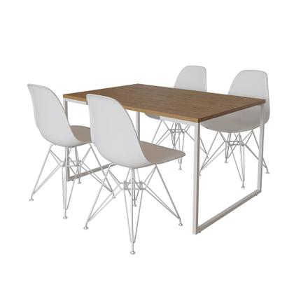 Imagem de Mesa Industrial Base Ferro Branco Tampo 137x90 Amêndoa 4 Cadeiras Ferro Branco Assento Branco