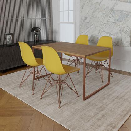 Imagem de Mesa Industrial Base Ferro Cobre 137x90 Tampo Amêndoa 4 Cadeiras Eiffel Ferro Cobre Assento Amarelo