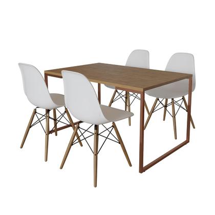 Imagem de Mesa Industrial Base Ferro Cobre 137x90 Tampo Amêndoa 4 Cadeiras Eiffel Madeira Assento Branco