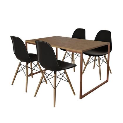 Imagem de Mesa Industrial Base Ferro Cobre Tampo 137X90 Amêndoa 4 Cadeiras Madeira Assento Preto Marrom