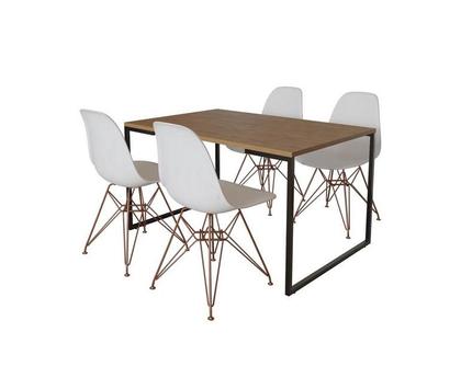 Imagem de Mesa Industrial Base Ferro Preto Tampo 137x90 Amendoa 4 Cadeiras Eames Ferro Cobre Assento Branco