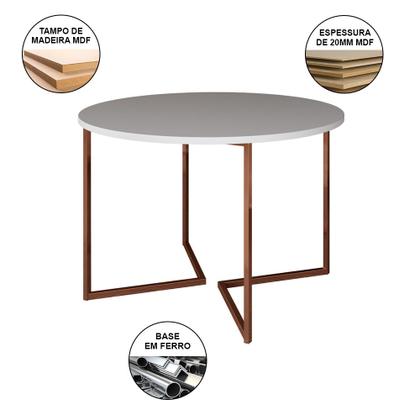 Imagem de Mesa Industrial Jantar Branca 110cm Redonda Base V com 4 Poltronas Brancas Eames Eiffel Base Cobre