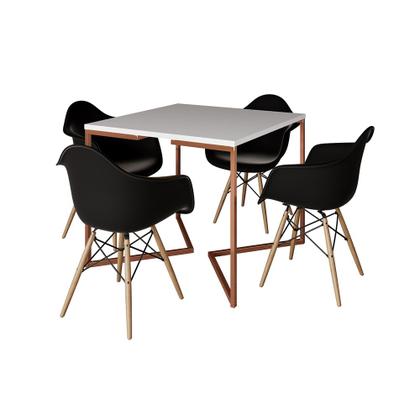 Imagem de Mesa Industrial Jantar Branca Quadrada 90cm Base Cobre V com 4 Poltronas Pretas Eames Eiffel Madeira