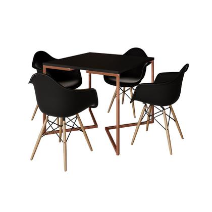 Imagem de Mesa Industrial Jantar Preta Quadrada 90cm Base Cobre V com 4 Poltronas Pretas Eames Eiffel Madeira