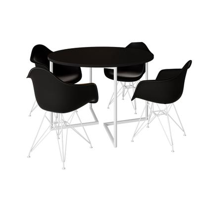 Imagem de Mesa Industrial Jantar Redonda Preta 110cm Base V com 4 Poltronas Eames Eiffel Daw Pretas Ferro Bran