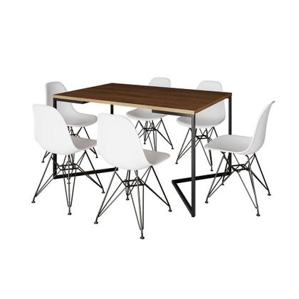 Imagem de Mesa Industrial Jantar Retangular 137X90Cm Amêndoa Base V Com 6 Cadeiras Brancas Ferro Amendoa