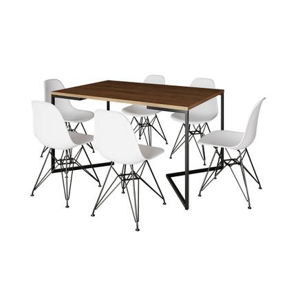 Imagem de Mesa Industrial Jantar Retangular 137x90cm Amêndoa Base V com 6 Cadeiras Eames Eiffel Brancas Ferro 