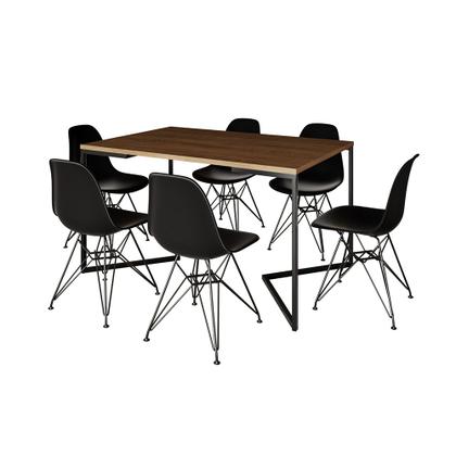 Imagem de Mesa Industrial Jantar Retangular 137x90cm Amêndoa Base V com 6 Cadeiras Eames Eiffel Pretas Ferro P