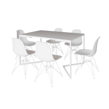 Imagem de Mesa Industrial Jantar Retangular 137x90cm Branca Base V com 6 Cadeiras Eames Eiffel Brancas Ferro B