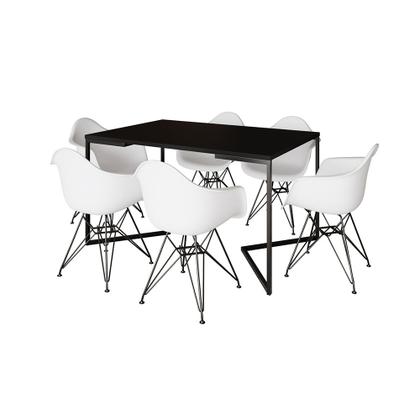 Imagem de Mesa Industrial Jantar Retangular Preta 137x90cm Base V com 6 Poltronas Brancas Eames Eiffel Ferro P