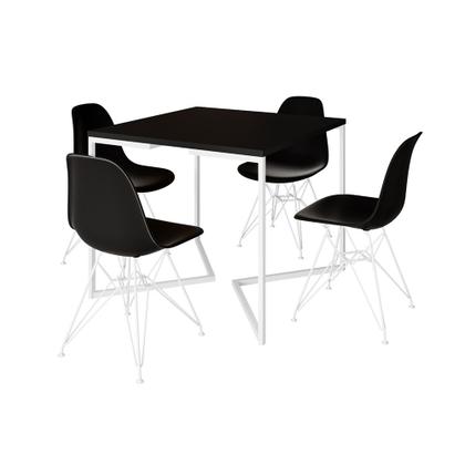 Imagem de Mesa Industrial Quadrada Jantar Preta 90cm Base V com 4 Cadeiras Pretas Eames Eiffel Ferro Branco