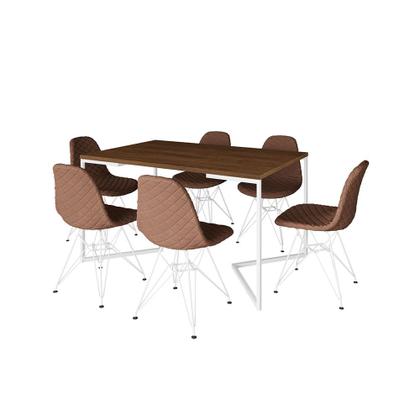 Imagem de Mesa Industrial Retangular Amêndoa Base V 137x90cm 6 Cadeiras Estofadas Eames Caramelo Aço Branco