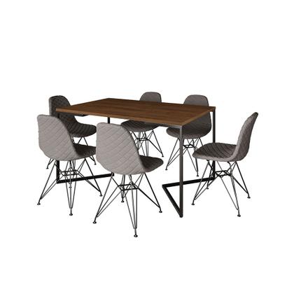 Imagem de Mesa Industrial Retangular Base V 137x90cm Amêndoa 6 Cadeiras Eames Aço Preto Estofadas Grafite
