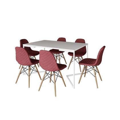 Imagem de Mesa Industrial Retangular Branca Base V Aço Branco 137x90cm 6 Cadeiras Madeira Estofadas Vermelhas