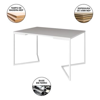 Imagem de Mesa Industrial Retangular Branca Base V Aço Branco 137x90cm 6 Cadeiras Madeira Estofadas Vermelhas
