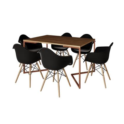 Imagem de Mesa Industrial Retangular Jantar 137x90cm Amêndoa Base Cobre V com 6 Poltronas Pretas Eames Eiffel 