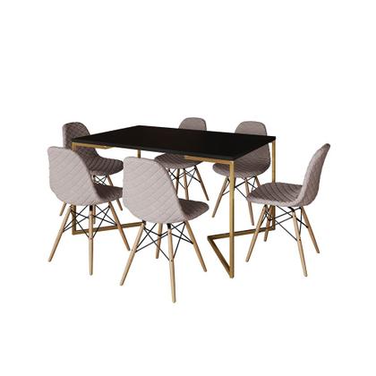 Imagem de Mesa Industrial Retangular Preta Base V Dourada 137x90cm com 6 Cadeiras Estofadas Nude Médio Madeira