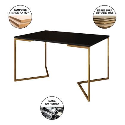 Imagem de Mesa Industrial Retangular Preta Base V Dourada 137x90cm com 6 Cadeiras Estofadas Nude Médio Madeira