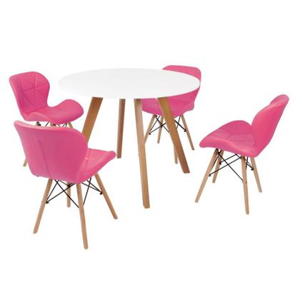 Imagem de Mesa Inês 100cm Branca + 4 Cadeiras Eiffel Slim - Rosa