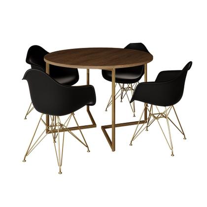 Imagem de Mesa Jantar Industrial Amêndoa 110cm Redonda Base V com 4 Poltronas Eames Eiffel Daw Pretas Base Dou