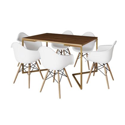 Imagem de Mesa Jantar Industrial Amêndoa 137x90cm Base V Dourada com 6 Poltronas Eames Eiffel Daw Madeira Bran