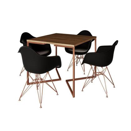 Imagem de Mesa Jantar Industrial Amêndoa 90Cm Quadrada Base Cobre V C/4 Poltronas Pretas Pés Co Cor: Amendoa