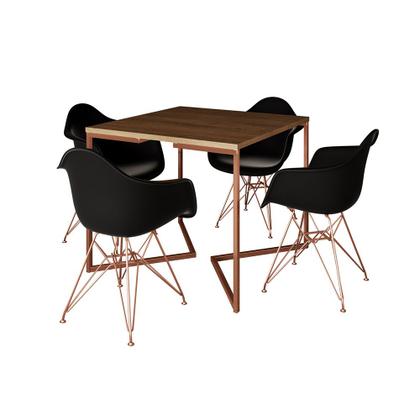 Imagem de Mesa Jantar Industrial Amêndoa 90cm Quadrada Base Cobre V com 4 Poltronas Eames Eiffel Pretas Pés Co