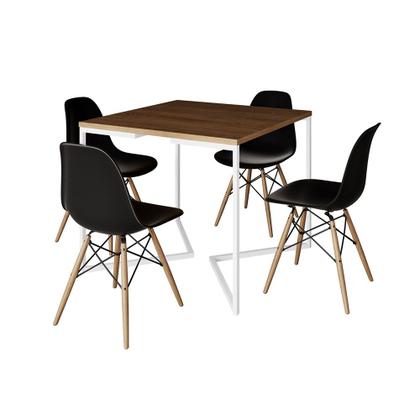 Imagem de Mesa Jantar Industrial Amêndoa 90x90cm Base V Ferro Branco com 4 Cadeiras Eames Eiffel Madeira Preta