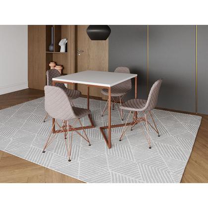 Imagem de Mesa Jantar Industrial Base Cobre V 90cm Quadrada Branca C/ 4 Cadeiras Cobre Eames Estofada Nude Méd