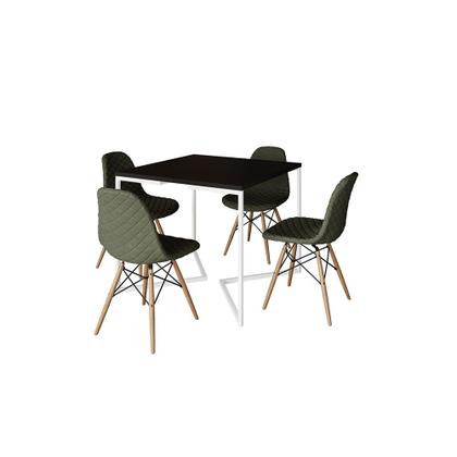 Imagem de Mesa Jantar Industrial Base V Ferro Branco 90cm Quadrada Preta 4 Cadeira Madeira Estofada Verde