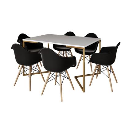 Imagem de Mesa Jantar Industrial Branca 137x90cm Base V Dourada com 6 Poltronas Eames Eiffel Daw Madeira Preta