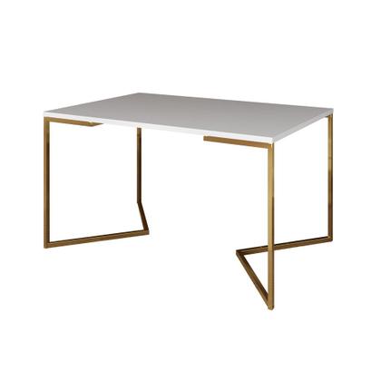 Imagem de Mesa Jantar Industrial Branca 137x90cm Base V Dourada com 6 Poltronas Eames Eiffel Daw Madeira Preta