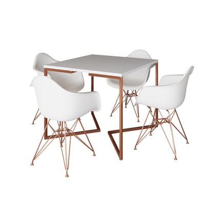 Imagem de Mesa Jantar Industrial Branca 90cm Quadrada Base Cobre V com 4 Poltronas Eames Eiffel Brancas Pés Co
