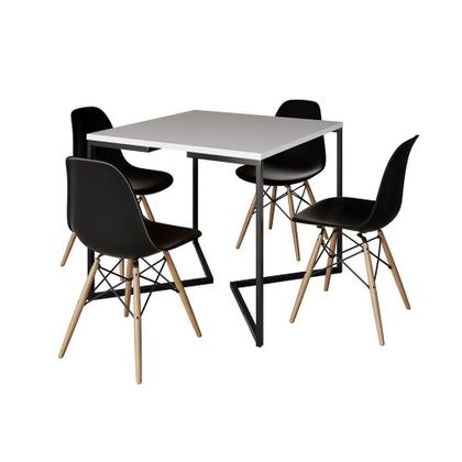 Imagem de Mesa Jantar Industrial Branca Quadrada 90X90 Base V Ferro Preto Com 4 Cadeiras Pretas M Cor: Branco