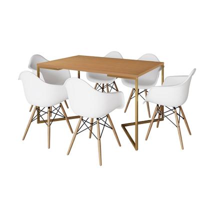 Imagem de Mesa Jantar Industrial Canela 137x90cm Base V Dourada com 6 Poltronas Eames Eiffel Daw Madeira Branc