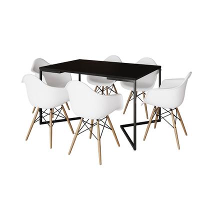 Imagem de Mesa Jantar Industrial Preta Retangular 137x90cm Base V Ferro Preto com 6 Poltronas Eames Eiffel Bra