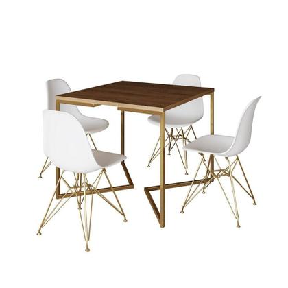 Imagem de Mesa Jantar Industrial Quadrada 90Cm Amêndoa Base V C/4 Cadeiras Brancas Base Dourada Cor: Amendoa
