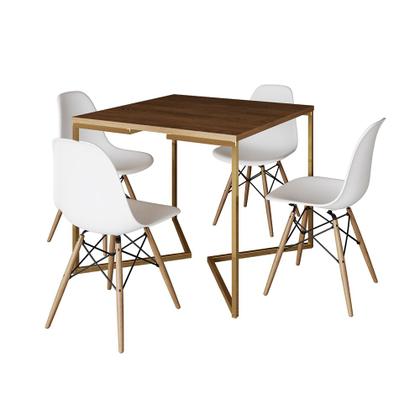 Imagem de Mesa Jantar Industrial Quadrada 90cm Amêndoa Base V Dourada com 4 Cadeiras Eames Eiffel Madeira Bran