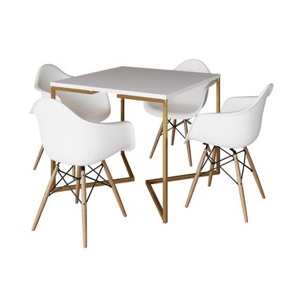 Imagem de Mesa Jantar Industrial Quadrada 90cm Branca Base V Dourada com 4 Poltronas Eames Eiffel Daw Madeira 
