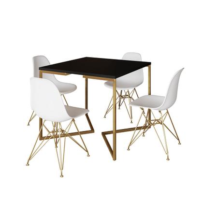 Imagem de Mesa Jantar Industrial Quadrada 90cm Preta Base V com 4 Cadeiras Eames Eiffel Brancas Base Dourada