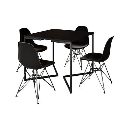 Imagem de Mesa Jantar Industrial Quadrada 90cm Preta Base V com 4 Cadeiras Eames Eiffel Pretas Ferro Preto