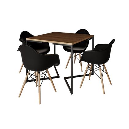 Imagem de Mesa Jantar Industrial Quadrada Amêndoa 90cm Base V Ferro Preto com 4 Poltronas Eames Eiffel Pretas 